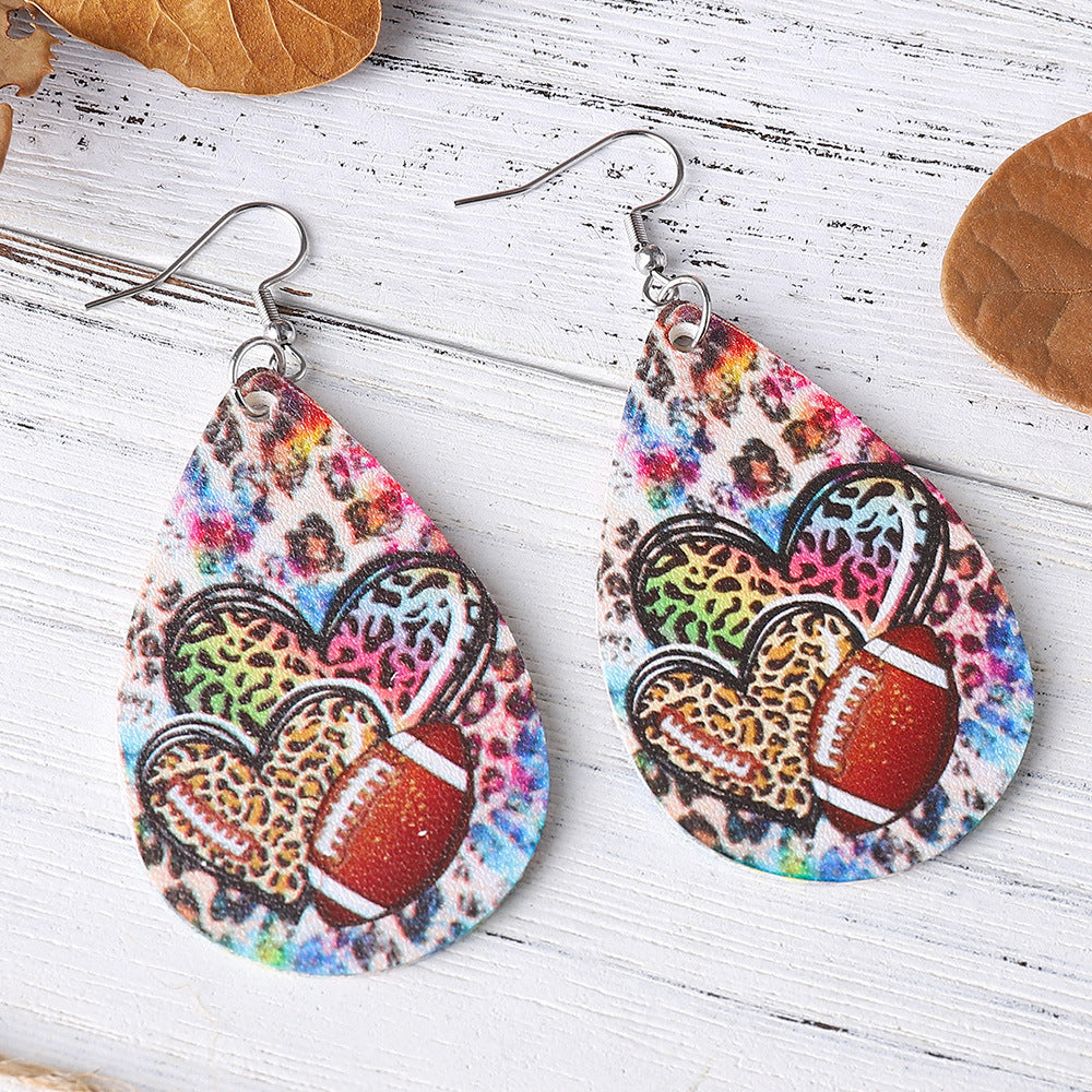 Wholesale Super Bowl Football Leopard Overlap Heart Earrings
