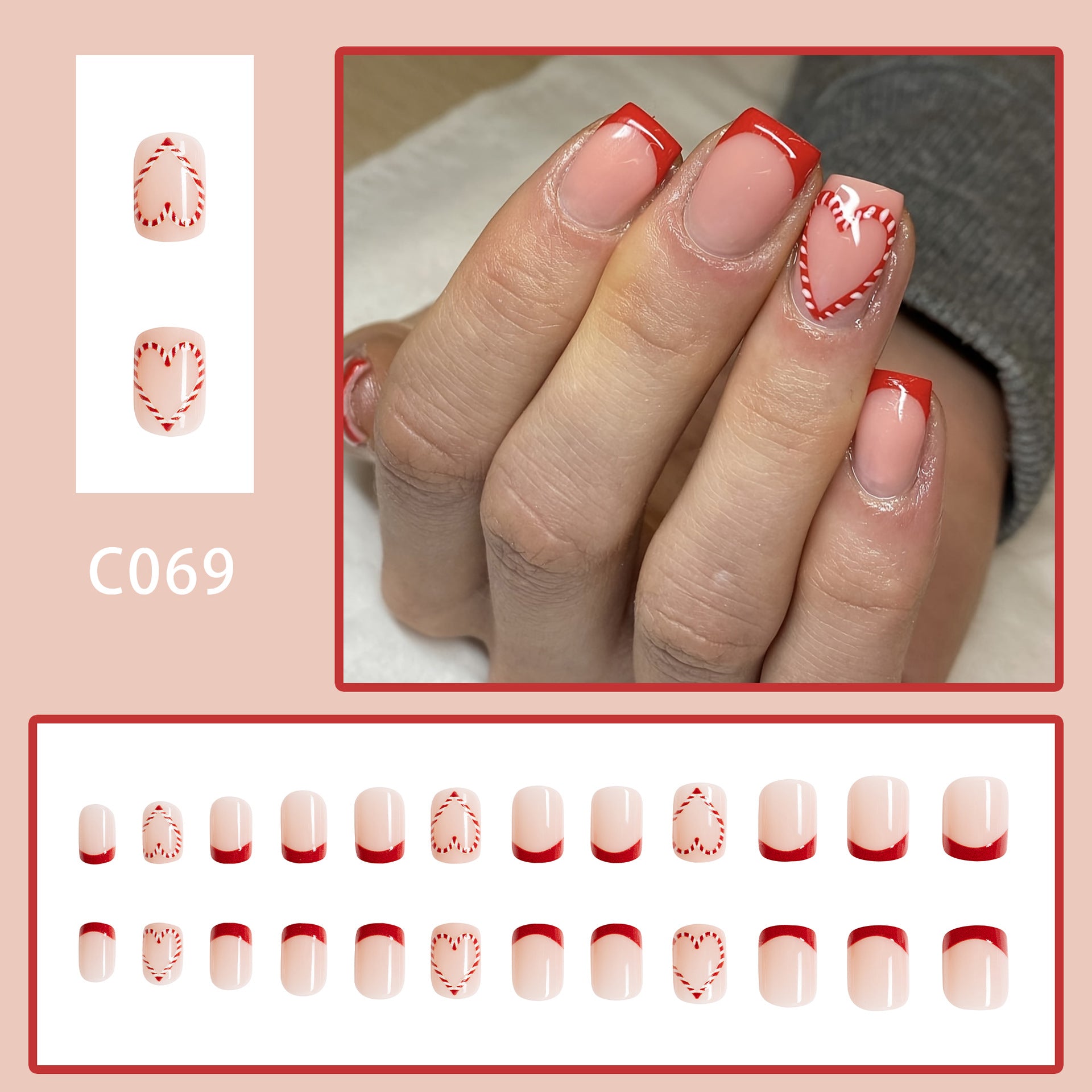 Wholesale 24 Pieces/box Valentine's Day Glossy Square Heart Manicure Press-on Nails Kits Nail Stickers ACC-NS-GuaiXL055