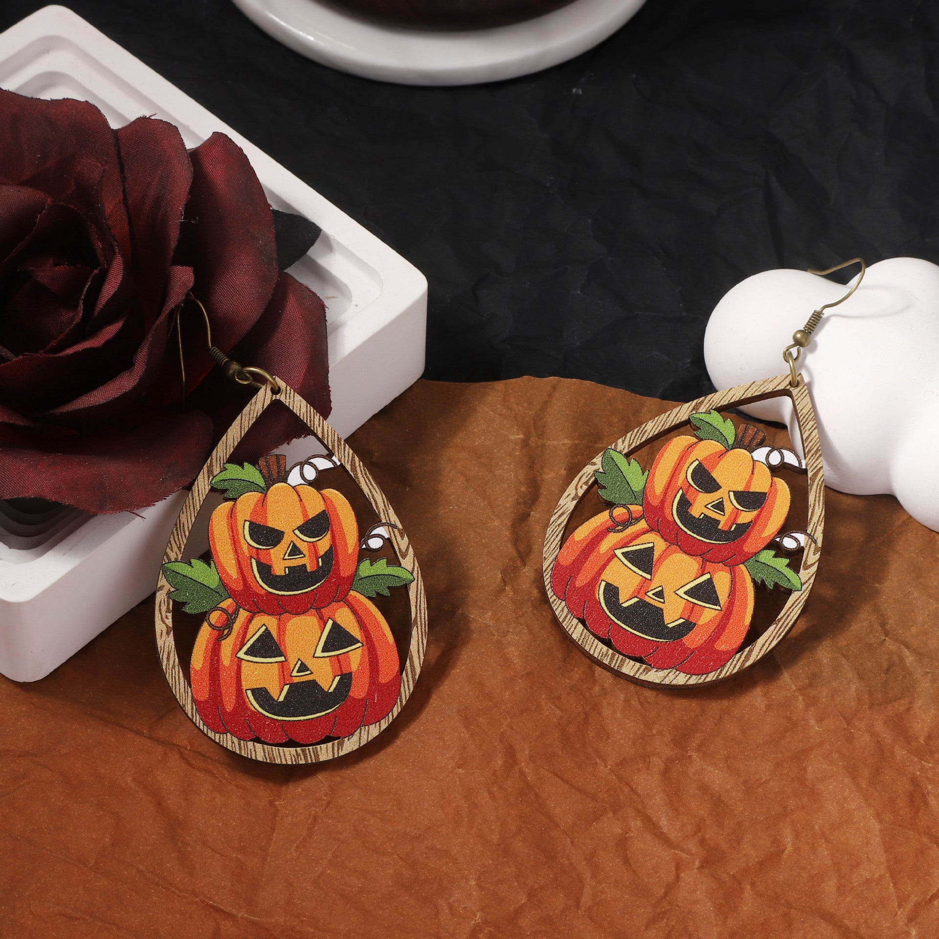 Wholesale  wooden printed water drop pumpkin head earrings