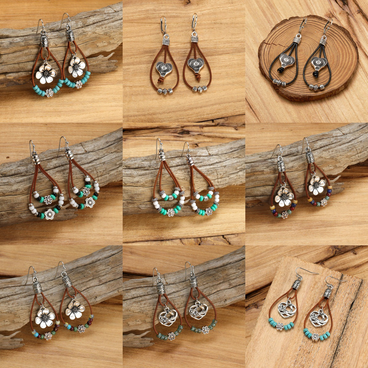 Wholesale  retro ethnic style antique silver flower beads leather rope pendant women's earrings
