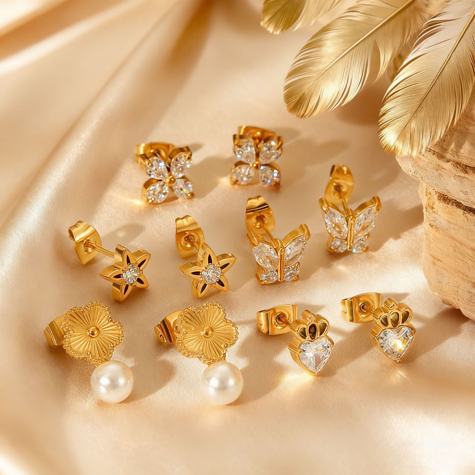 Wholesale Stainless steel heart-shaped butterfly flower zircon man-made pearl earrings