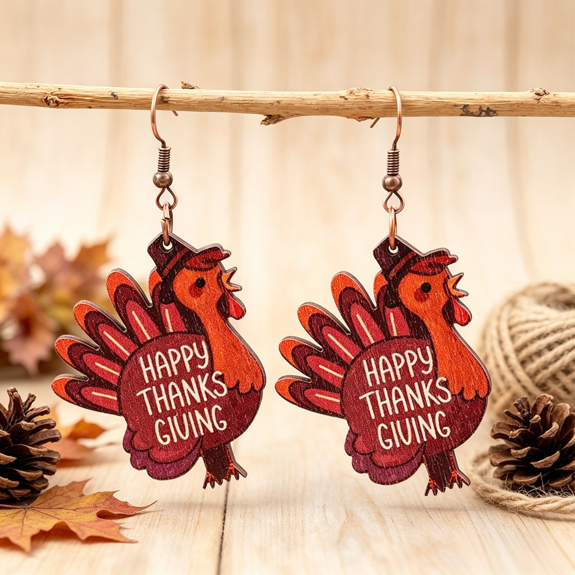 Wholesale Trendy Thanksgiving Turkey Wood Drop Earrings With Happy Thanksgiving Letter Print For Holiday Gift Party