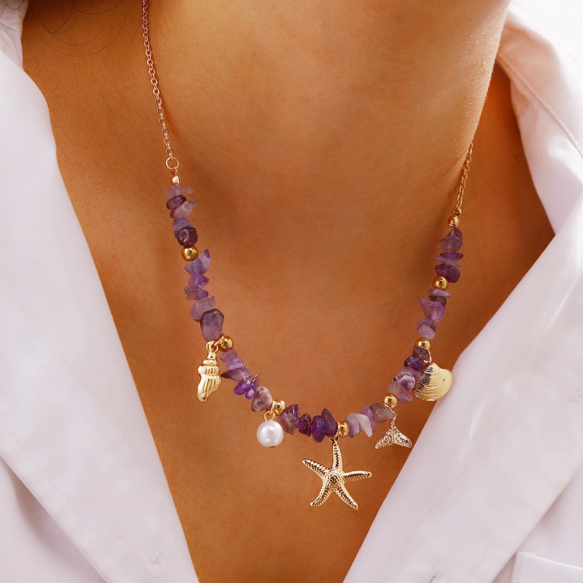 Wholesale stone gravel bead necklace starfish shell pendant necklace