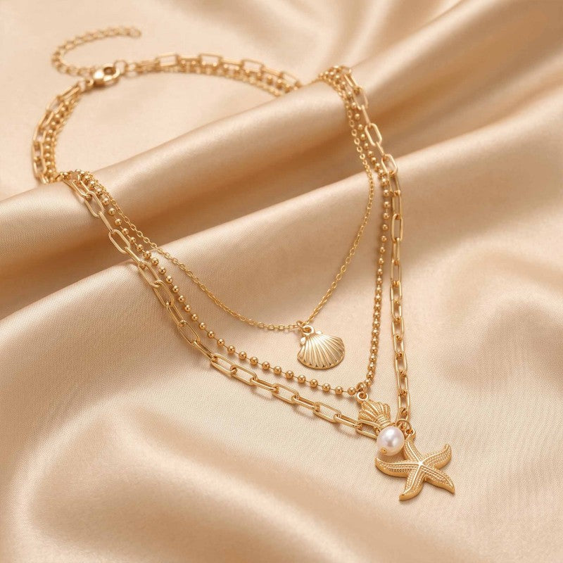 Wholesale Trendy Ocean Themed Layered Pendant Necklace Gold Tone Alloy Starfish Conch Shell Collarbone Chain Fashion Accessory Boutique Resale