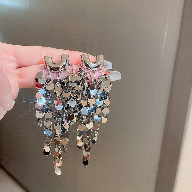 Wholesale Silver Needle leaves sequins tassel geometric earrings