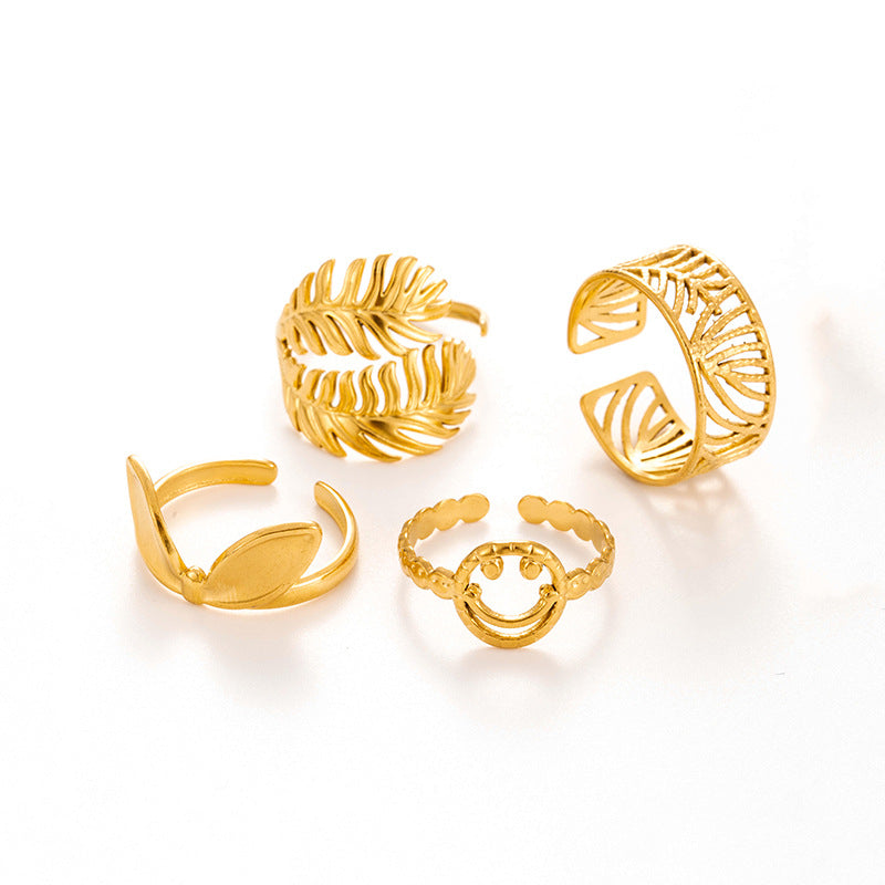 Wholesale  metallic  leaves smiley face  simple style opening adjustable titanium steel ring