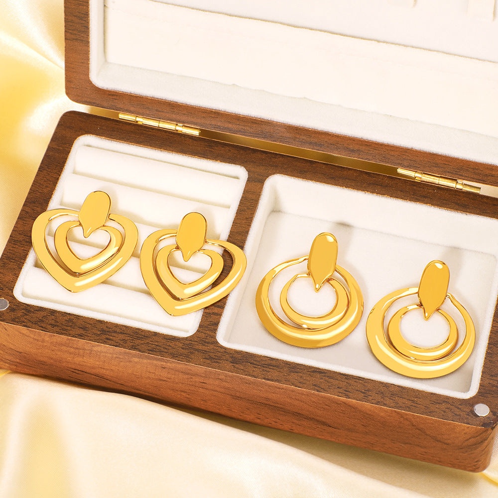 Großhandel glatter Ring Liebesförmiges Herz Doppelschicht Hohlring Langes Edelstahlohrringe