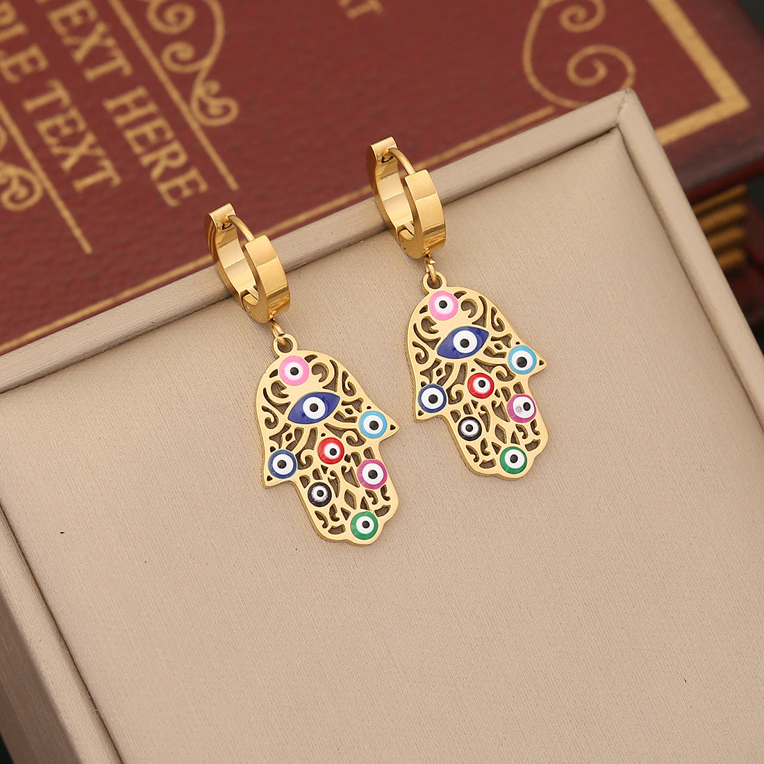 Wholesale Bohemian Palm Eyes Oil Drop Titanium Steel Necklace Bracelet Earrings Set ACC-NE-XinL004