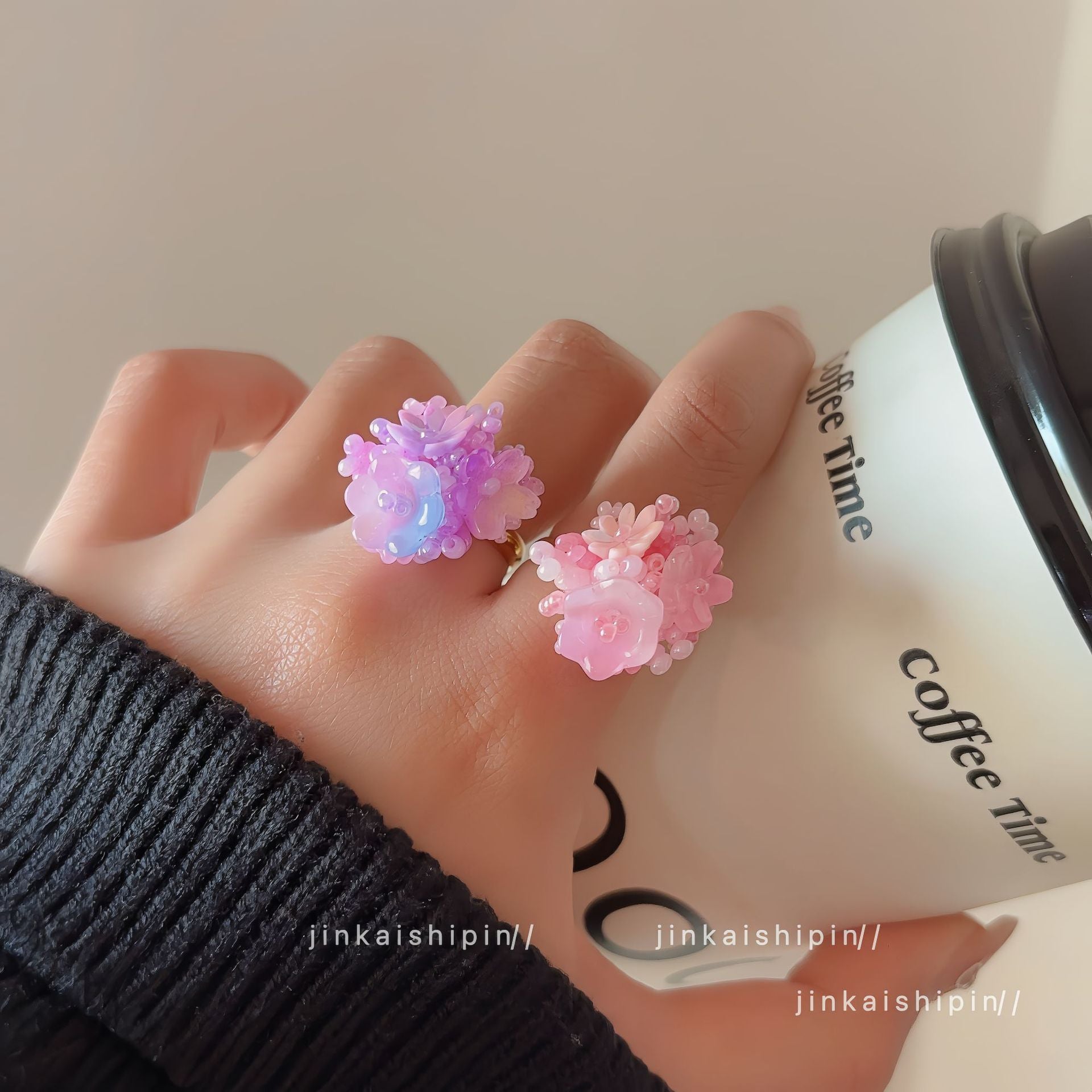 Wholesale Summer  Handmade Beaded Hydrangea Flower Ring