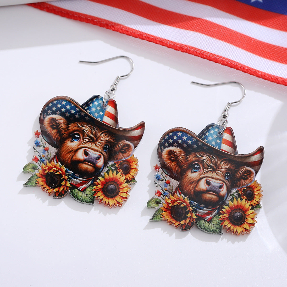 Wholesale Independence Day Western Style Red, White and Blue Star Sunflower Bull Head Earrings