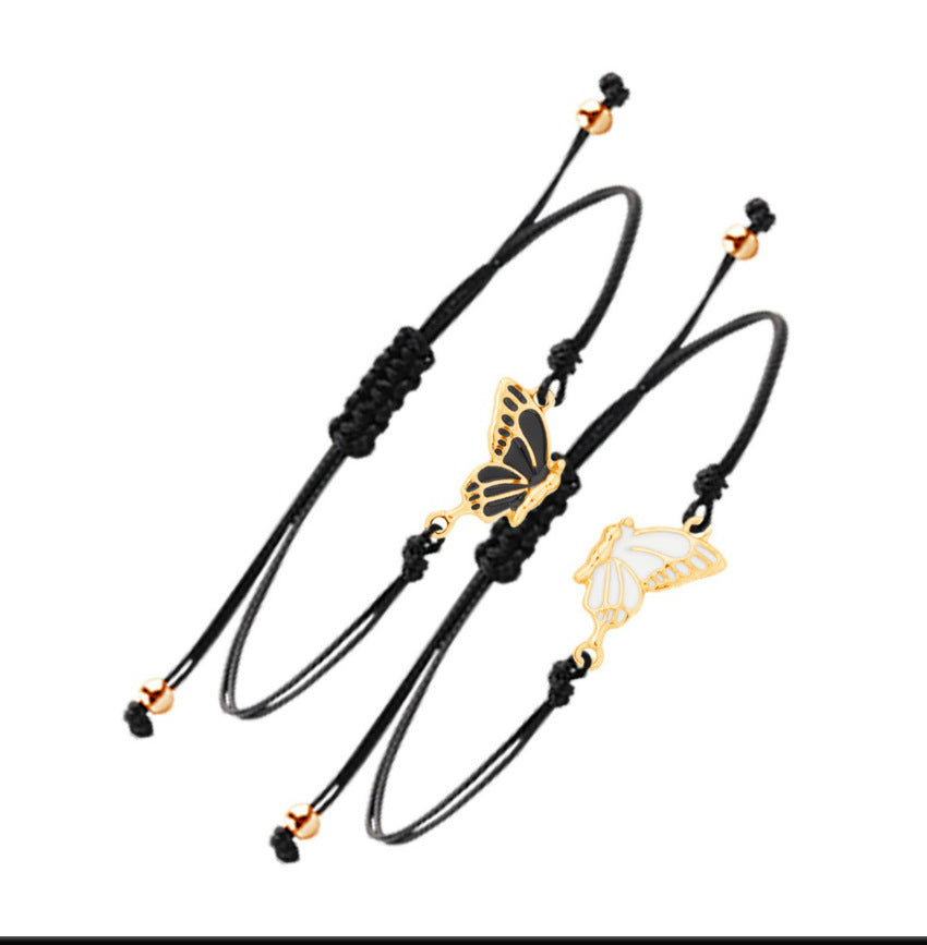 Wholesale Handmade Crystal Butterfly Friendship Bracelet Adjustable Wax Cord Gift for Couples