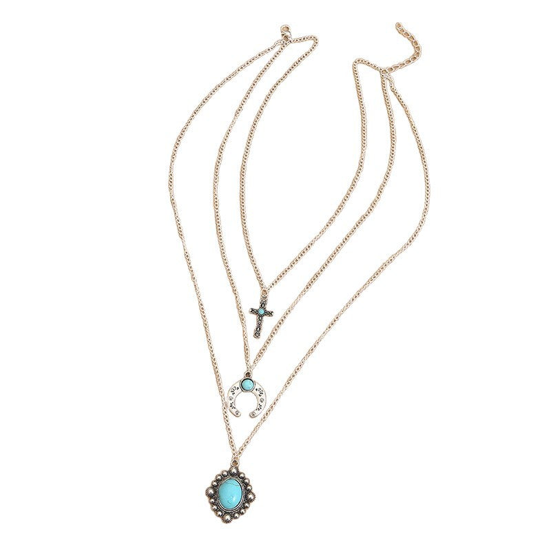 Wholesale Stylish Silver Alloy Layering Necklace Bull Head Crescent Turquoise Drop Pendants Fashion Jewelry For Resale