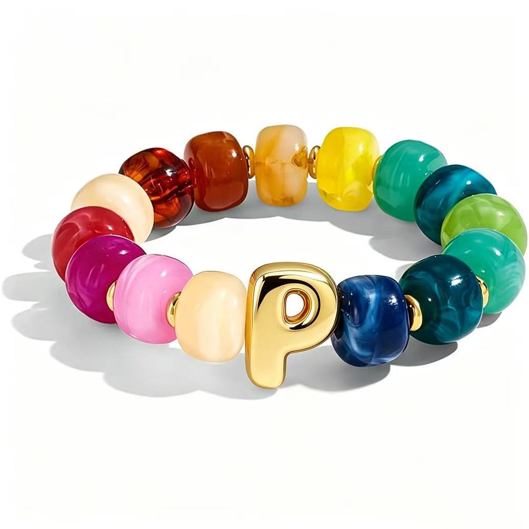 Wholesale 2026 Amazon Cross-Border Colorful Beaded 26 Letter Bracelet for Women,  Resin,  Fashionable and Unique,  High Elasticity Bracelet