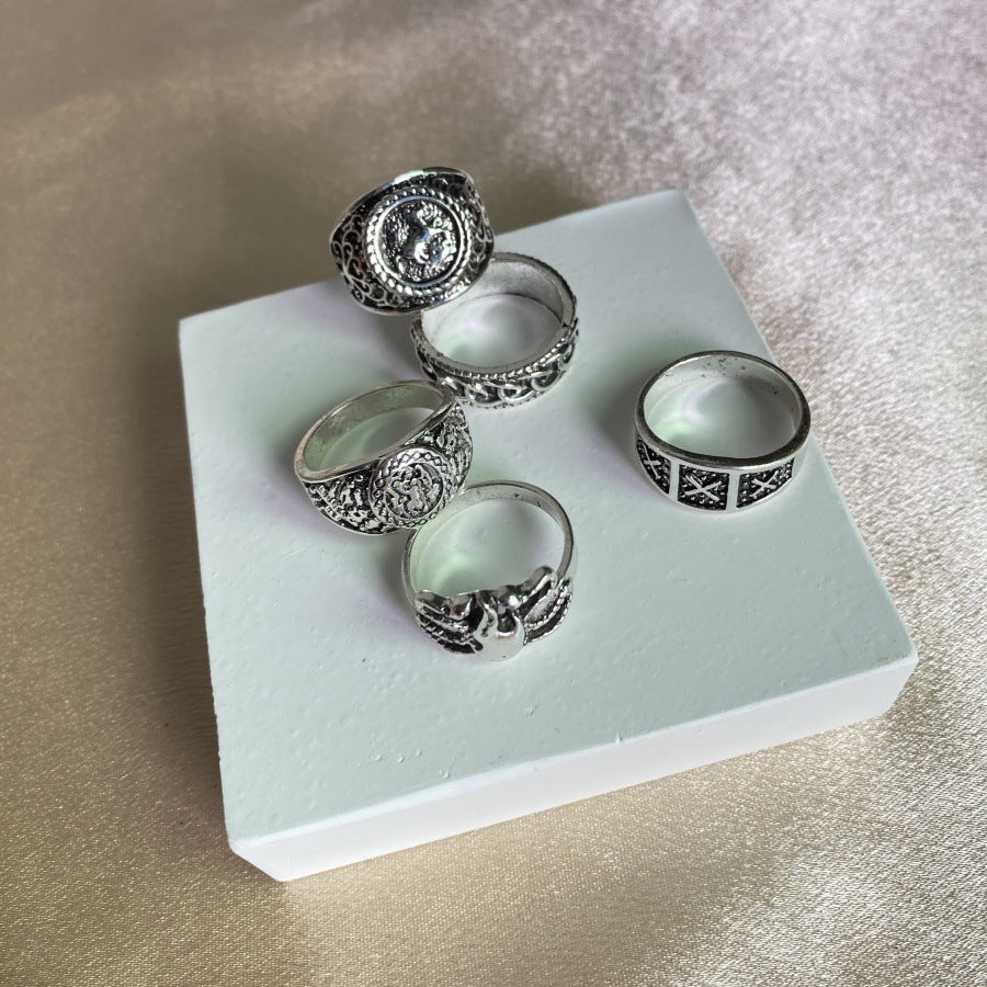 Wholesale Metal Ring Retro Style Design Totem Geometry Couple Ring 5-piece Set