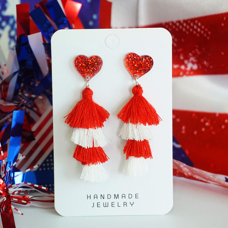 Wholesale 2 Pairs/pack American Independence Day Multi-layered Tassel Love Silk Earrings ACC-ES-HY041