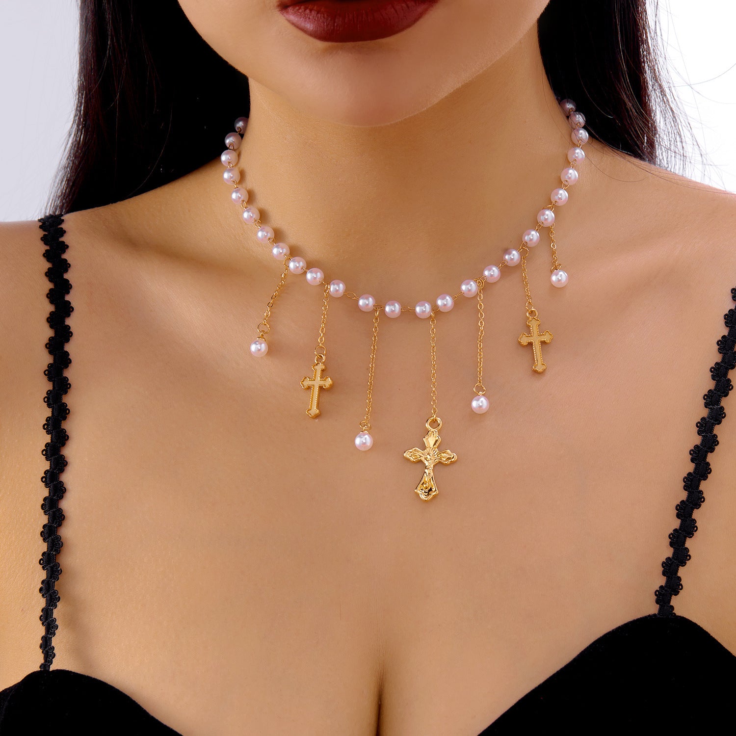 Wholesale Cross-shaped diamond tassel necklace