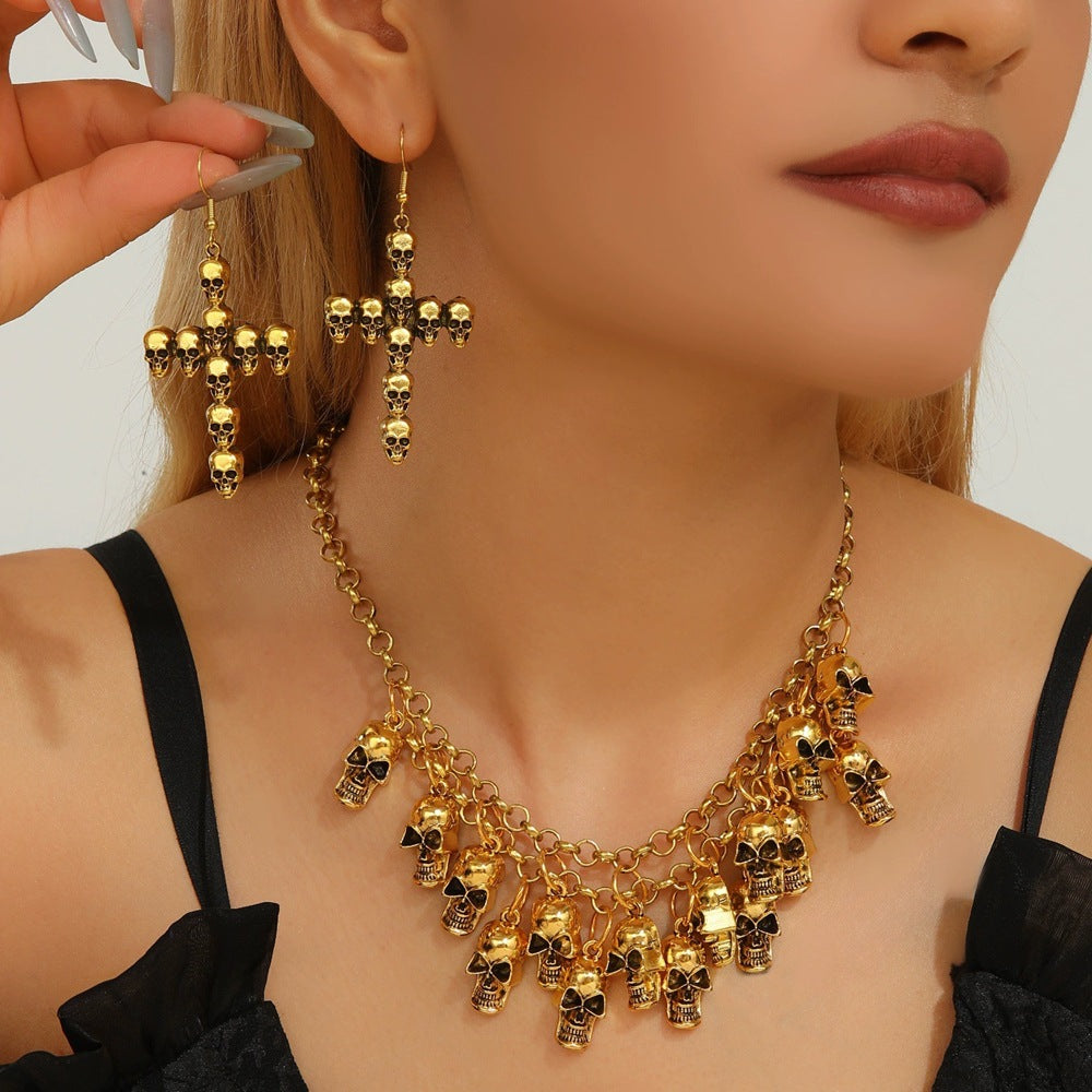 Wholesale Skull Design Vintage Alloy Jewelry Set Earrings and Necklace Fashion Accessory