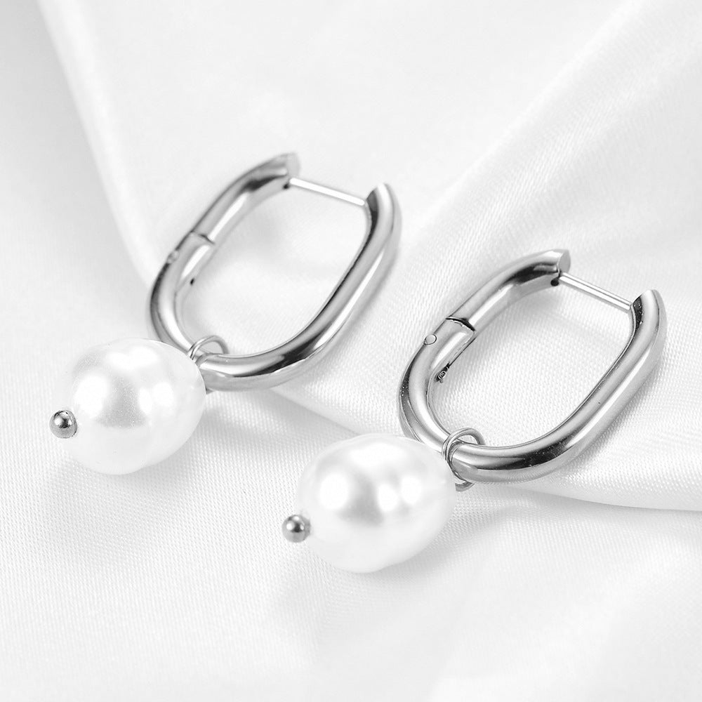 Wholesale Stainless Steel Pearl U Shape Hollow Earrings