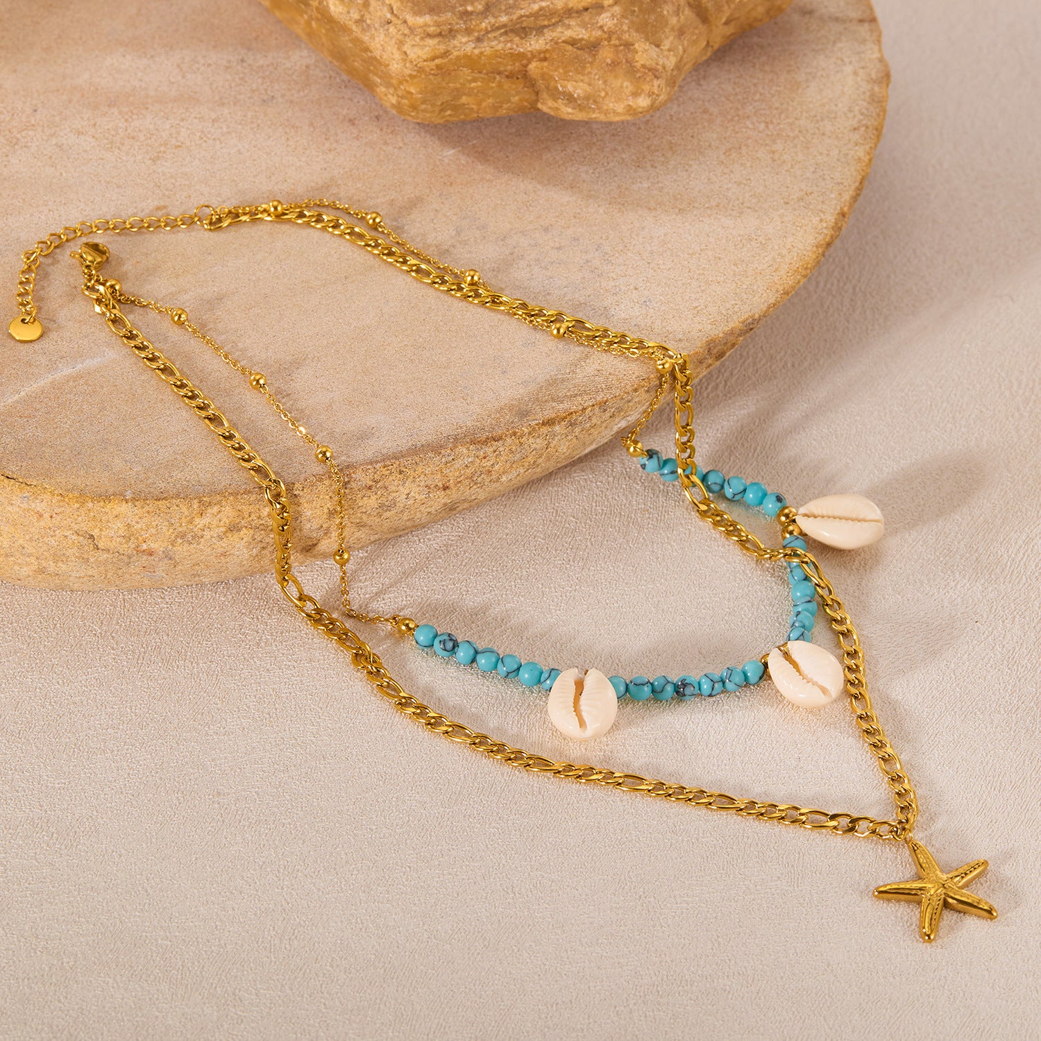 Wholesale  Titanium Starfish Shell Necklace Blue Turquoise Bead  Double Layer Clavicle Chain