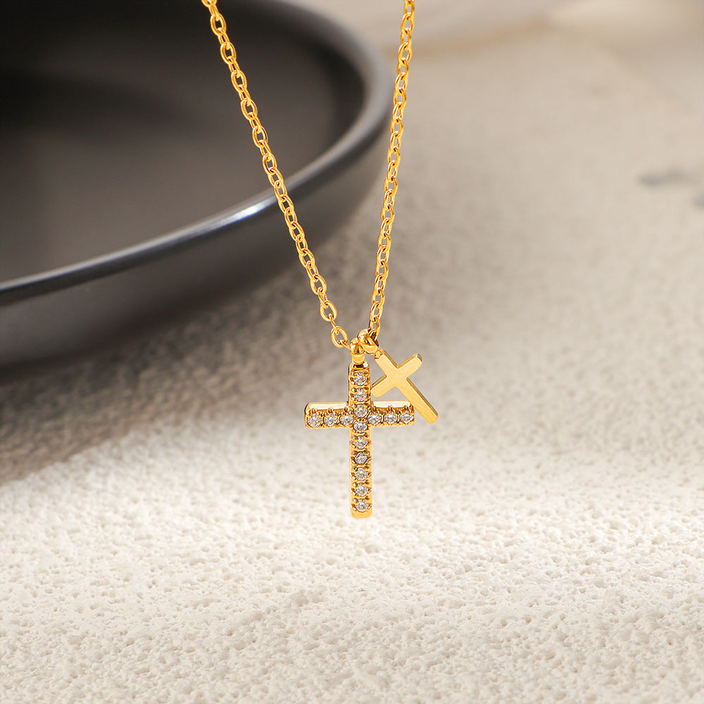 Wholesale Titanium Steel Diamond Cross Pendant Necklace Geometric Gold Jewelry Accessory Gift