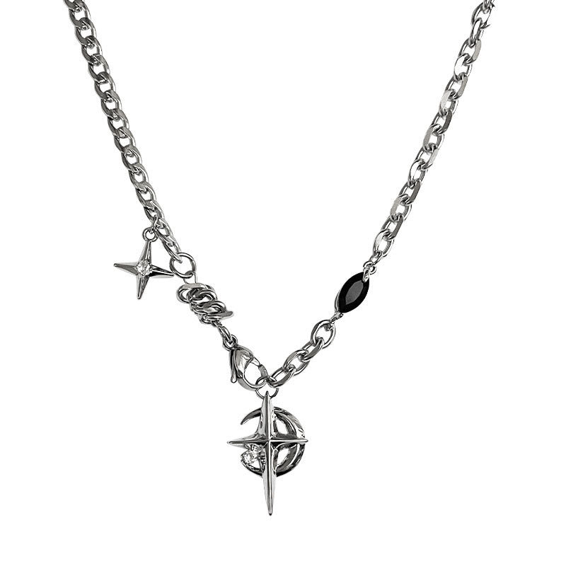 Wholesale Titanium Steel Black Gem Stitching Cross Mang Star Necklace