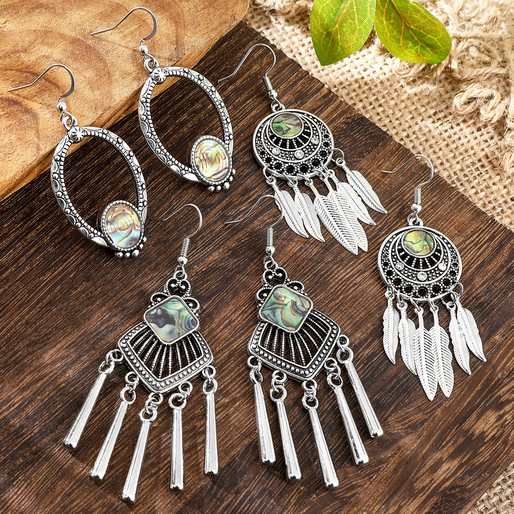 Wholesale Ethnic Style Zinc Alloy Abalone Shell Tassel Earrings for Women Long Exotic Fashion Accessory Boutique Resale