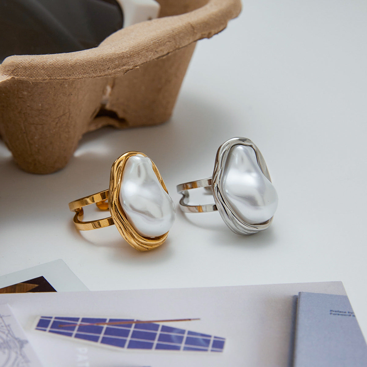 Wholesale 18k gold stainless steel baroque pearl opening ring