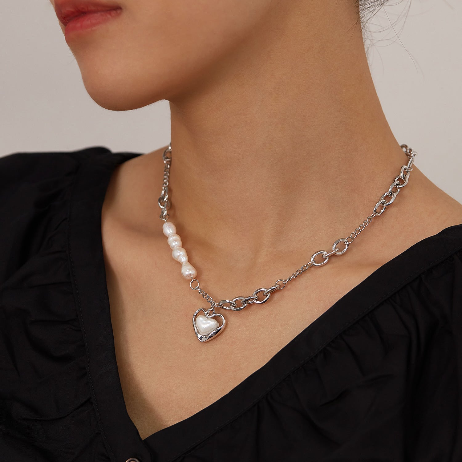 Wholesale titanium steel natural freshwater pearl love necklaces