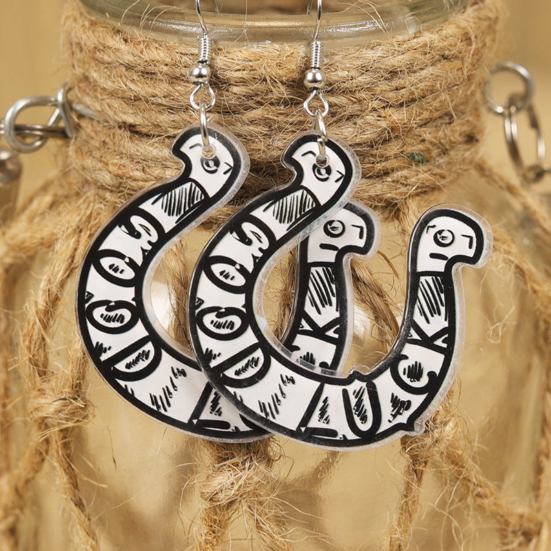 Wholesale  Western Style Cute Horseshoe Multi-Color Letter Good Luck Printed  Acrylic Earrings