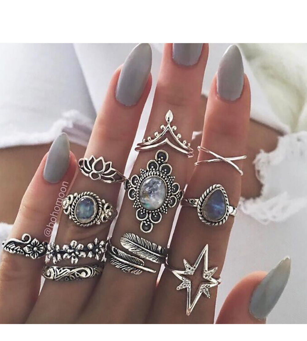 Wholesale Vintage Bohemian Feather Turquoise Hollow Ring Set 9 Pieces Fashion Jewelry Accessory for Everyday Wear Gift
