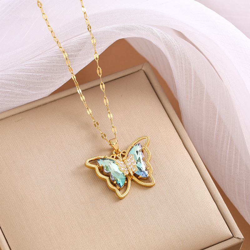 Wholesale Gold Plated Necklace Micro-Inlaid Colored Crystal Butterfly Necklace Titanium Steel Necklace ACC-NE-Nayin004