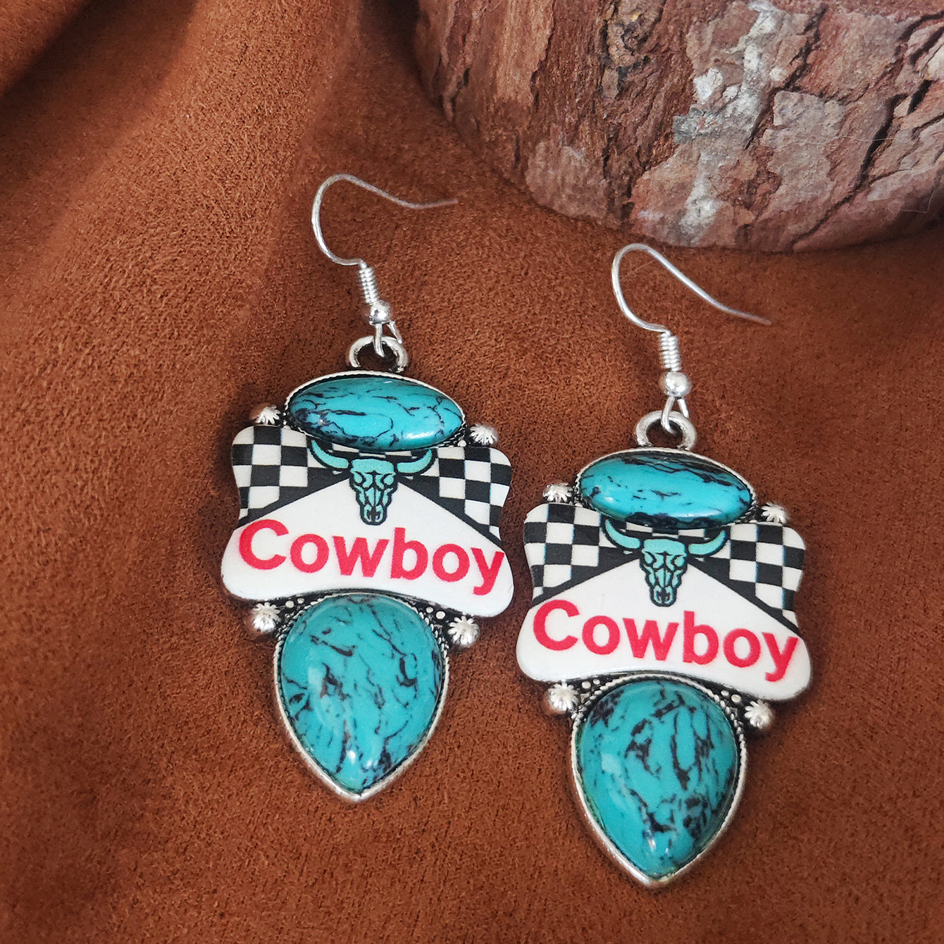 Wholesale Western Cowboy Bohemian Checkerboard Bull Head Jewelry Set Zinc Alloy With Turquoise Pendant Necklace Earrings Ring Trendy Gift