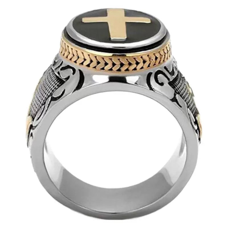 Wholesale two-color retro men's ring gold-plated prayer God's hand cross ring