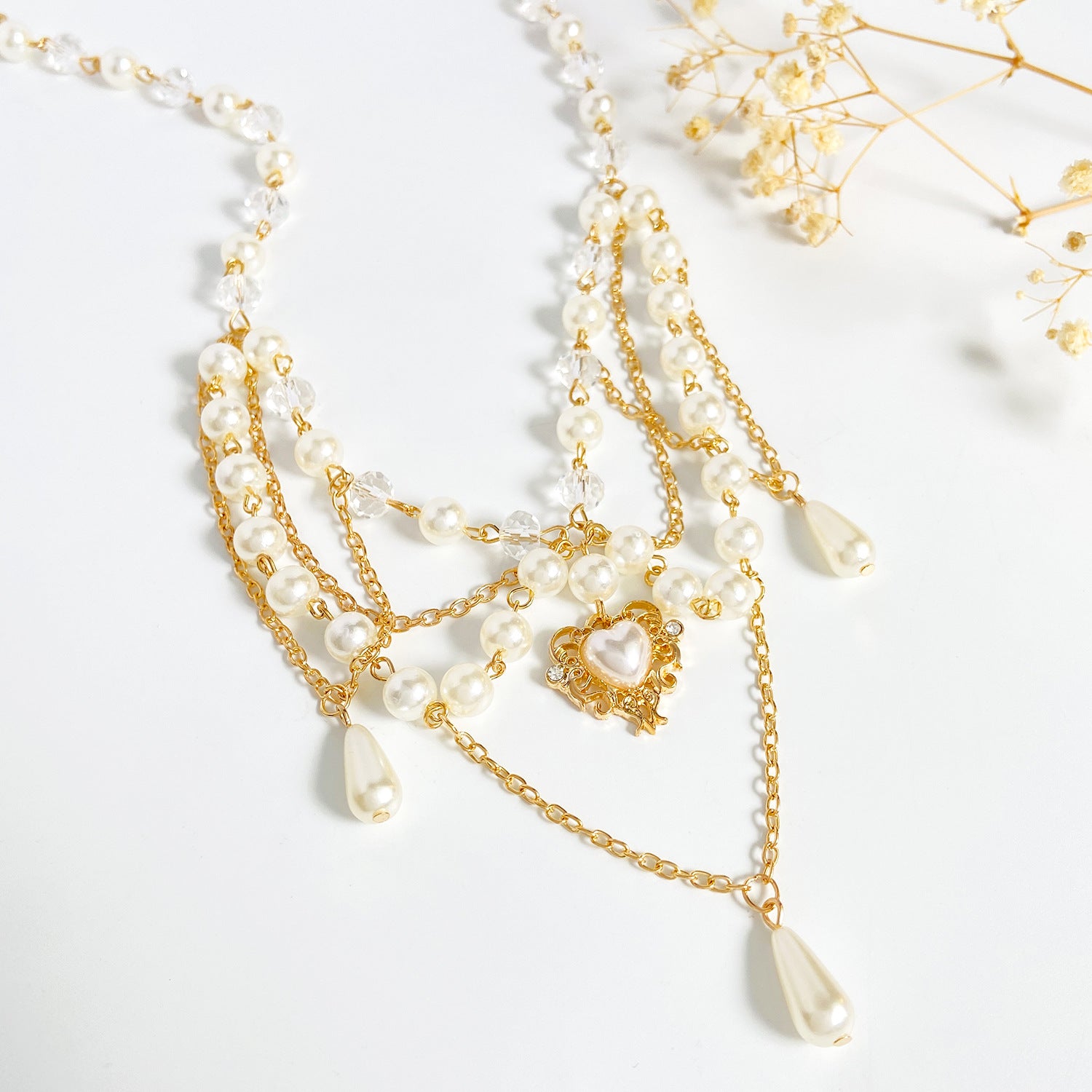 Wholesale Fashion Layered Imitation Pearl Cross Heart Butterfly Necklace Alloy Jewelry for Women