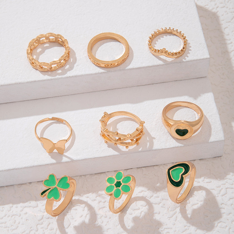 Wholesale 9pcs Easter Green Oil Drop Four-leaf Clover Heart-shaped Contrast Ring Set ACC-RS-YongGe017