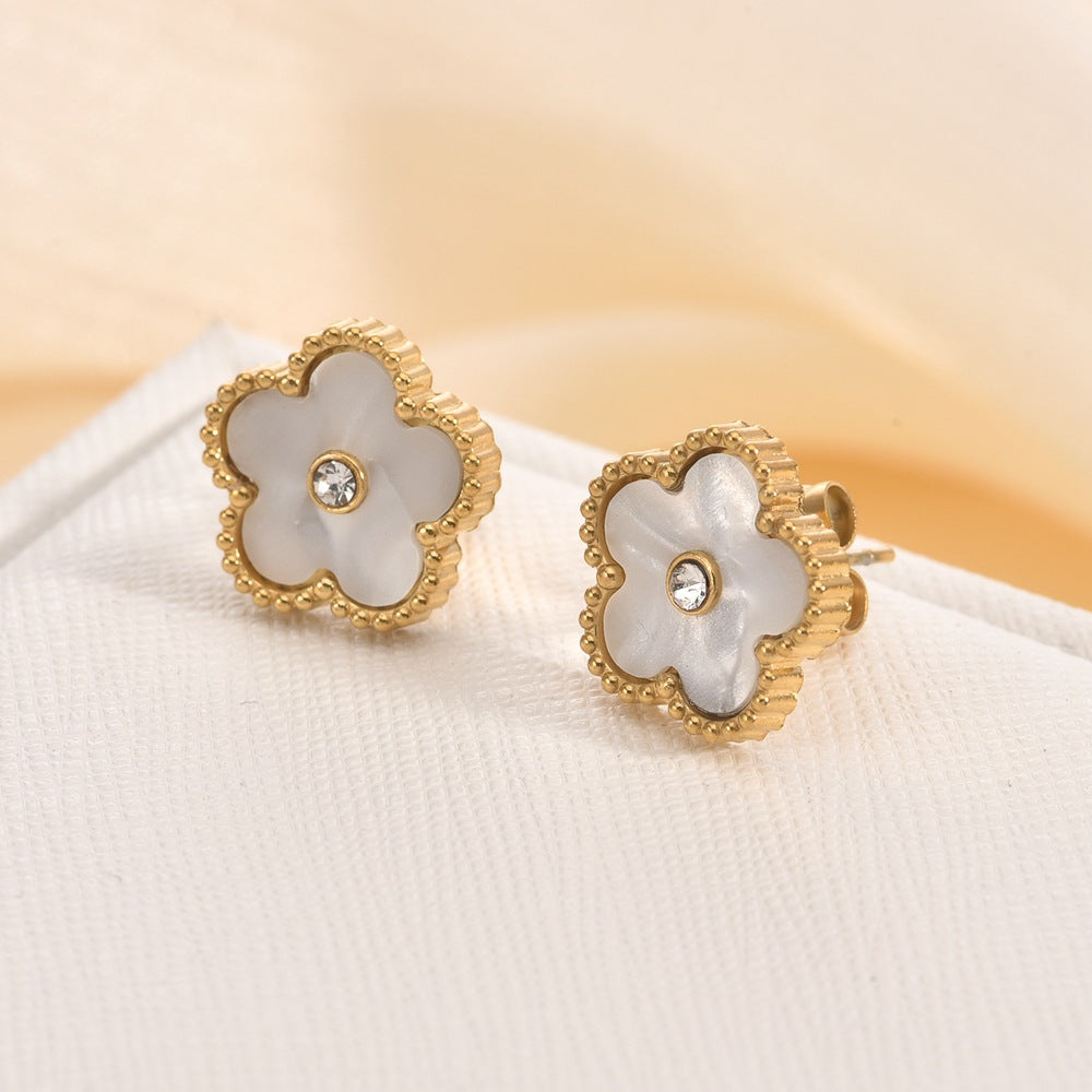 Wholesale Five-leaf Flower Diamond Shell Titanium Steel Earrings ACC-ES-QianHui003