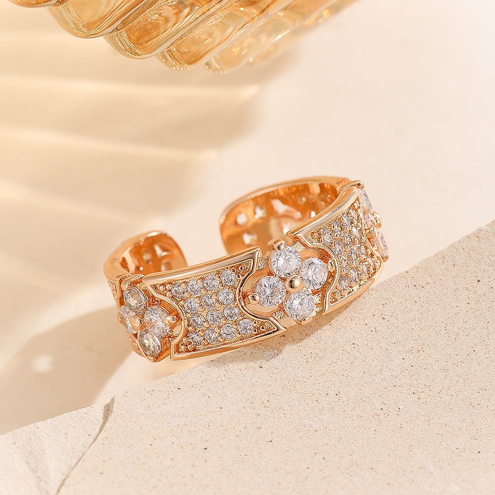 Wholesale Gold Electroplated Copper Four Leaf Clover Open Ring With Zircon Stylish Women S Fashion Jewelry Gift