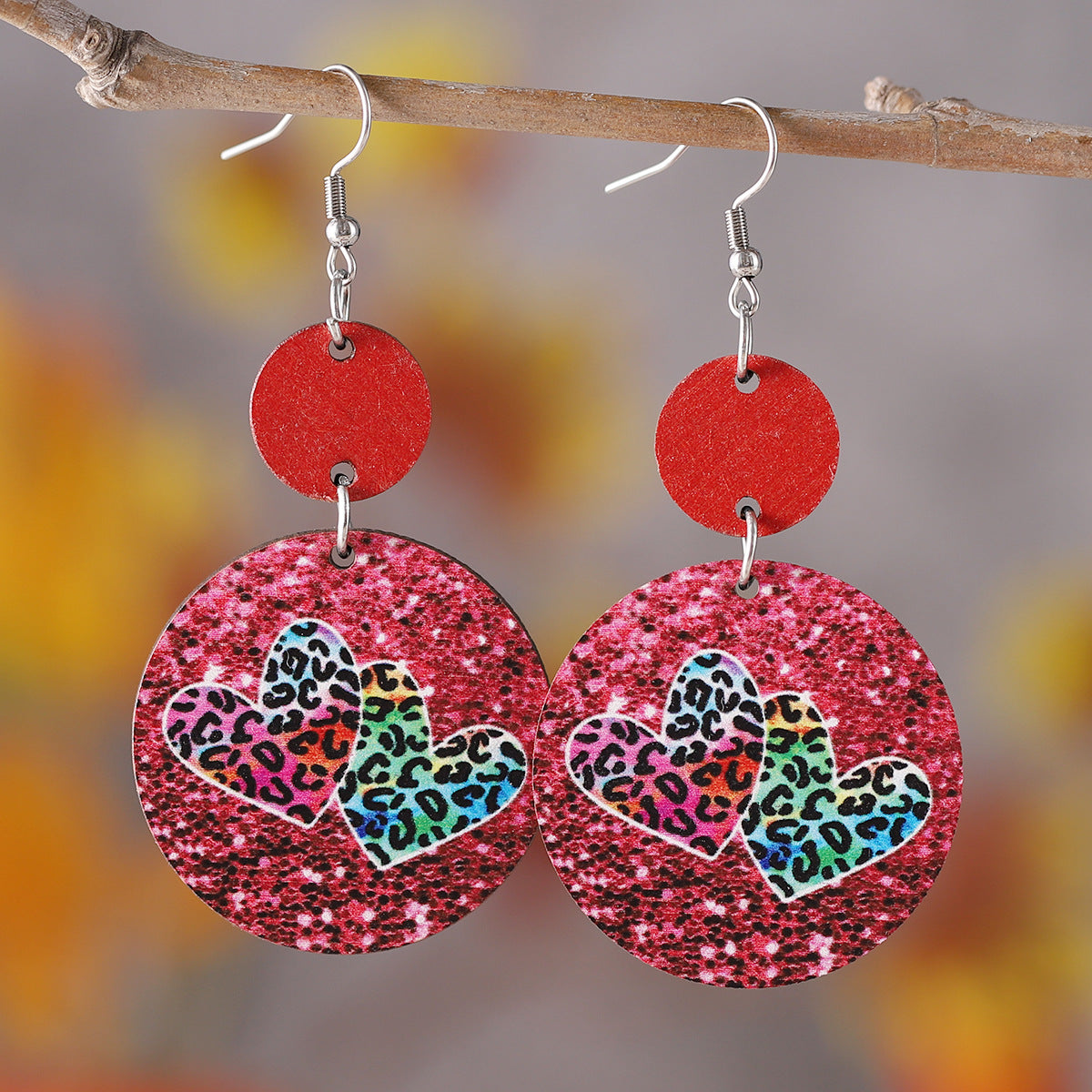 Wholesale Wooden leopard print heart-shaped circular earrings