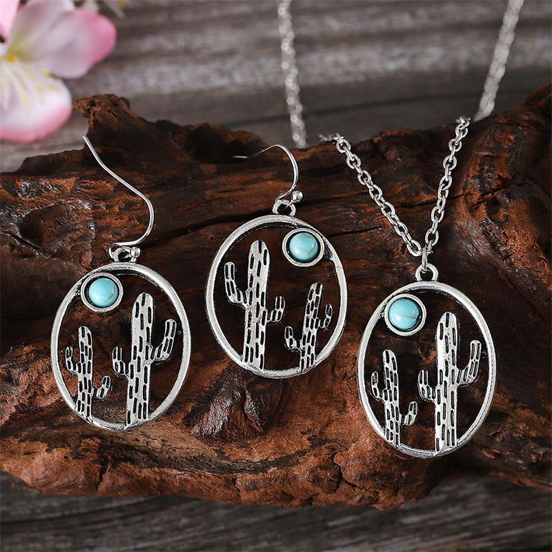Wholesale Creative hollow cactus geometric oval earrings necklace