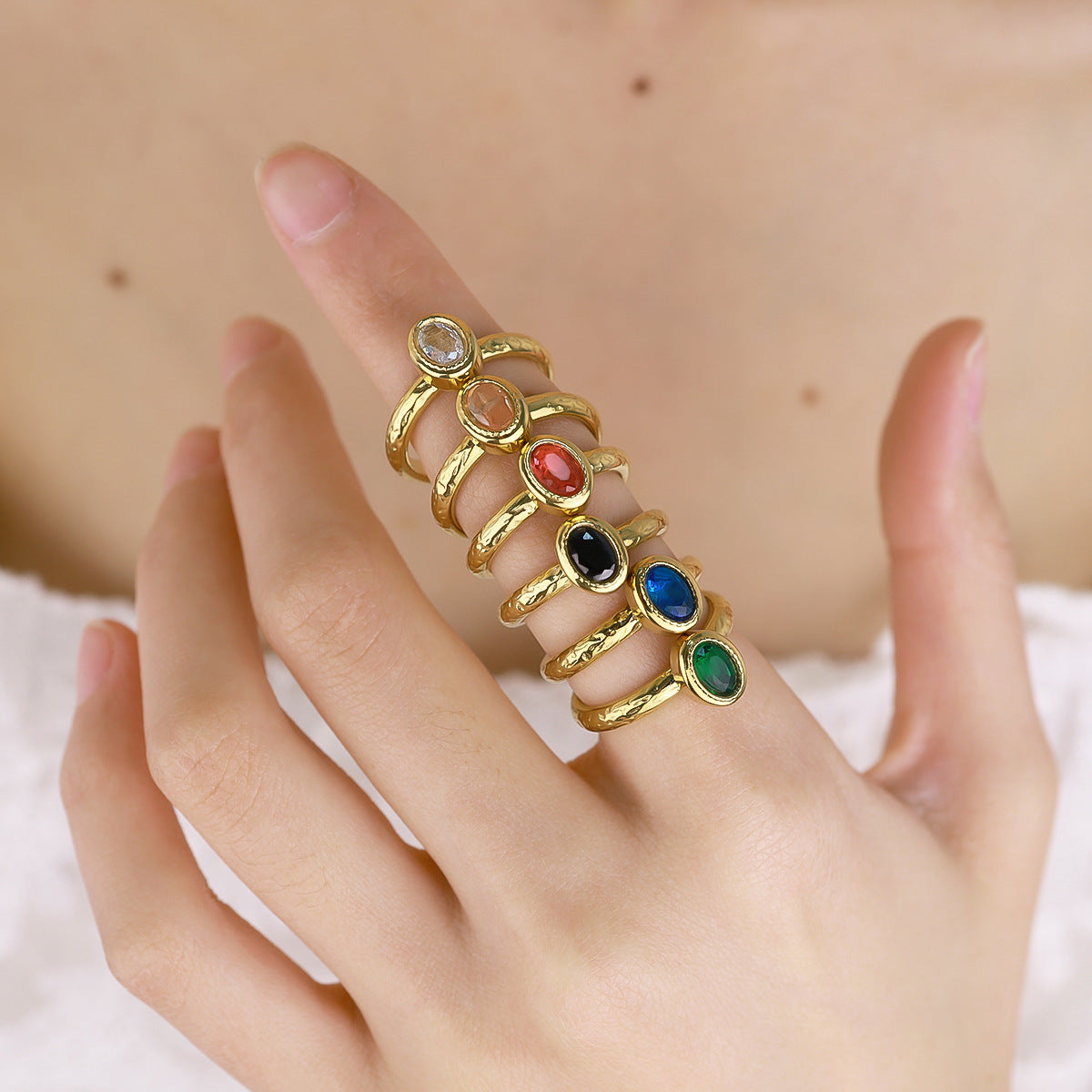 Wholesale retro style color zircon ring  open stainless steel adjustable ring