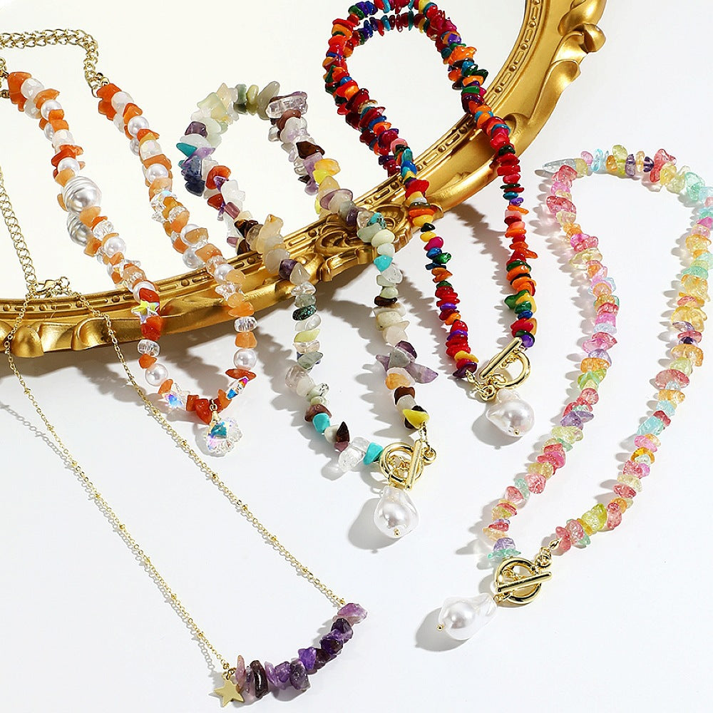 Wholesale  Necklace Bohemian Style Colorful Gravel Ins Necklace Women' s Natural Stone Beaded Necklace