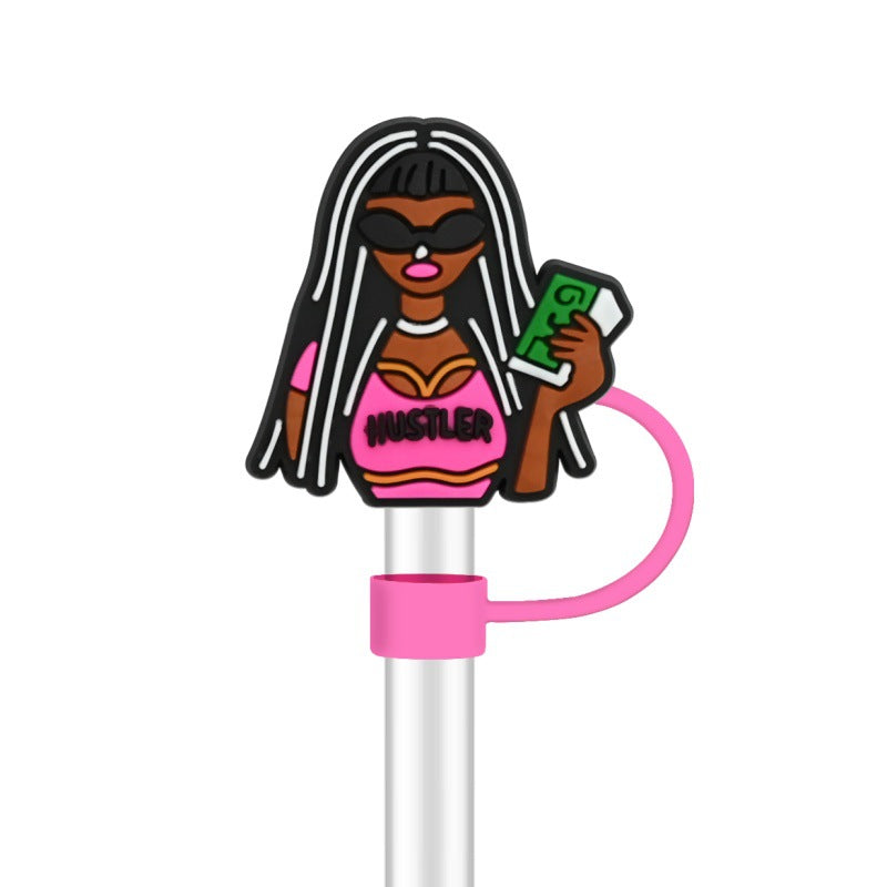 Wholesale 100pcs randomly black girl fashion series straw covers,  10mm soft silicone straw tube cap.