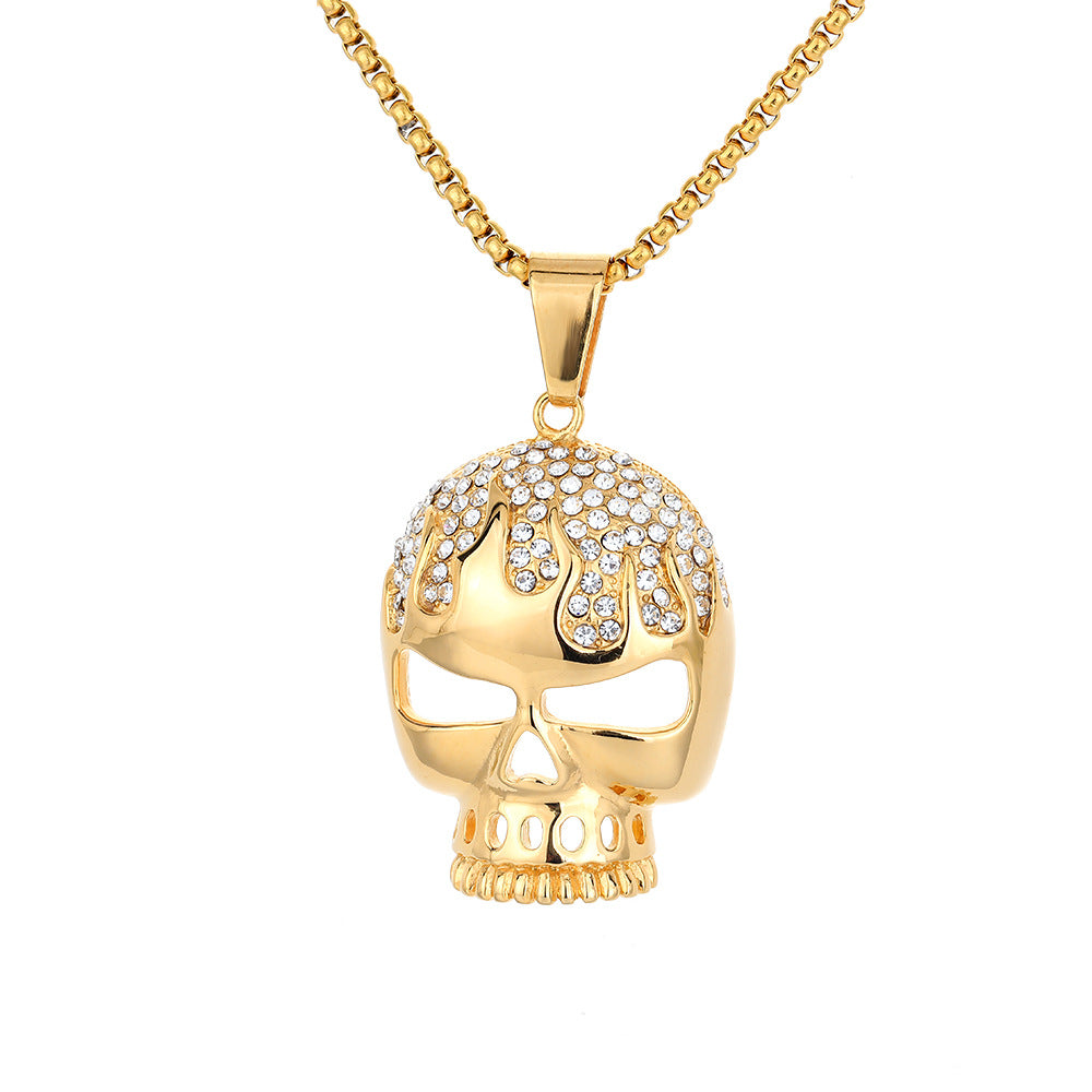 Wholesale street style fire shadow skull titanium steel gold plated necklaces