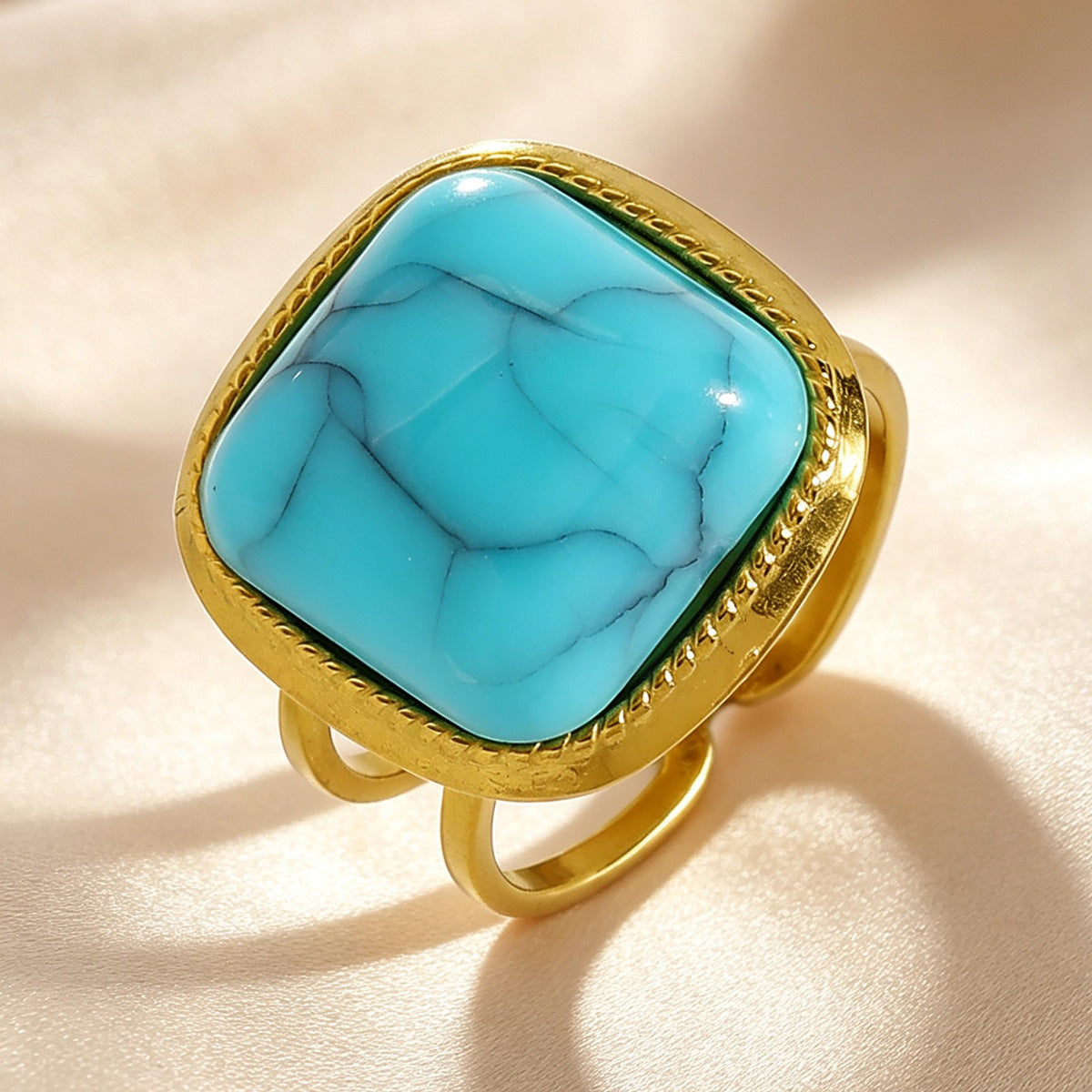 Wholesale Vintage Imitation Turquoise Ring Square Stone 304 Stainless Steel Open Jewelry Gift Boutique Resale