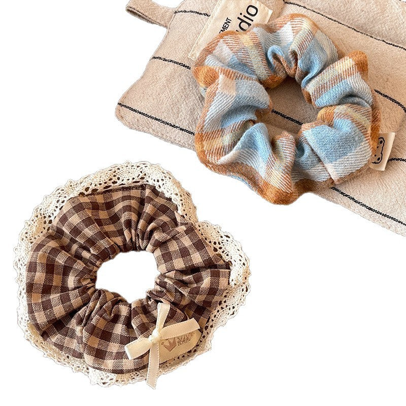 Wholesale Sweet College Style Milk Blue Plaid Lace Scrunchie With Cream Bow Fashion Hair Accessory For Boutique Resale