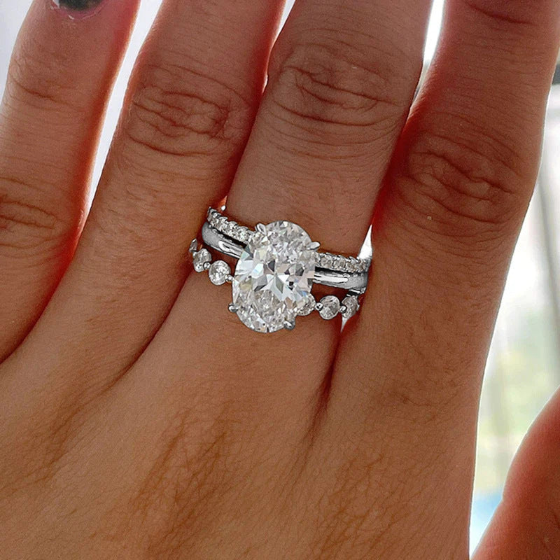 Wholesale Sterling Silver Ring Set With Egg Shaped Zircon Geometric Style Everyday Wear Jewelry Accessory