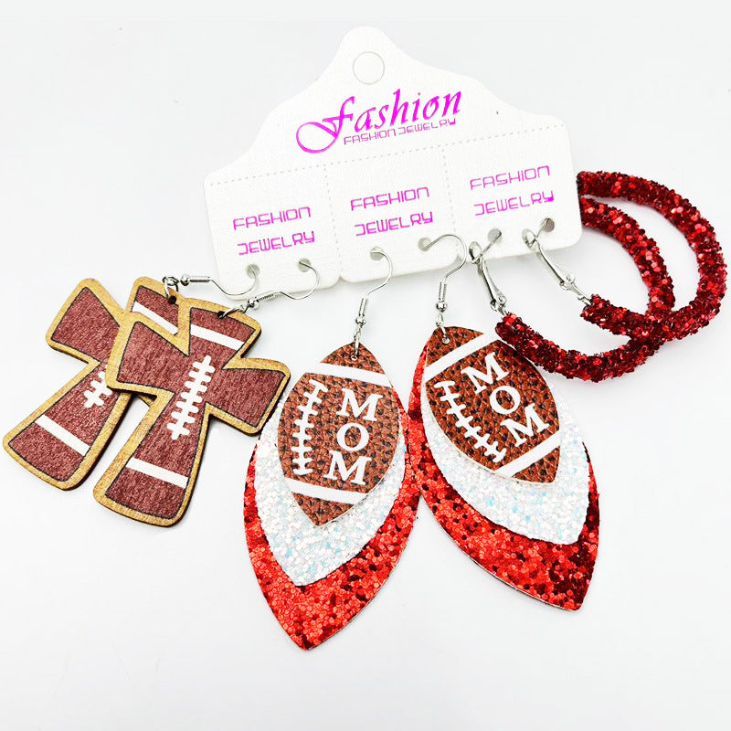 Wholesale 2 Sets Cross Glitter Earrings Rugby Stadium Cheer Football MOM Leather Earrings Set ACC-ES-HY126