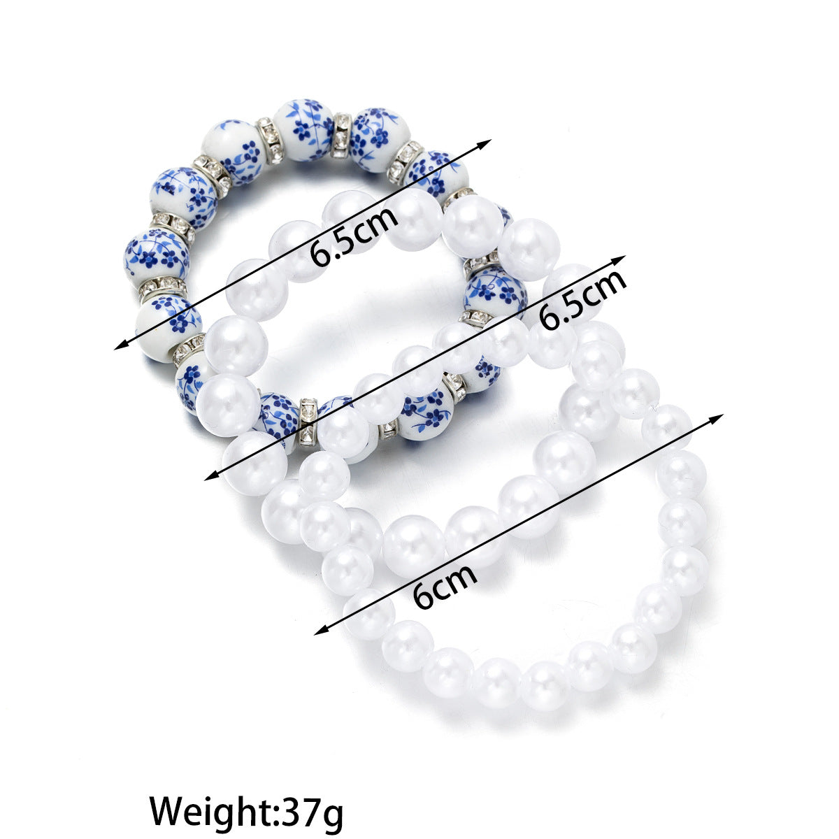 Wholesale Acrylic Diamond Blue and White Ceramic Pearl Beaded Elastic Bracelet