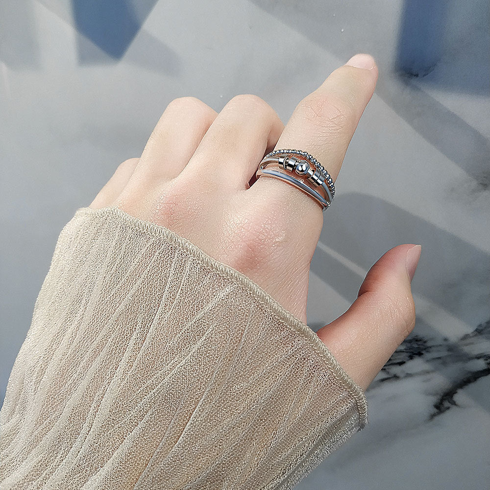 Wholesale  S925 sterling silver double-layer staggered anti-compression bead rotatable ring