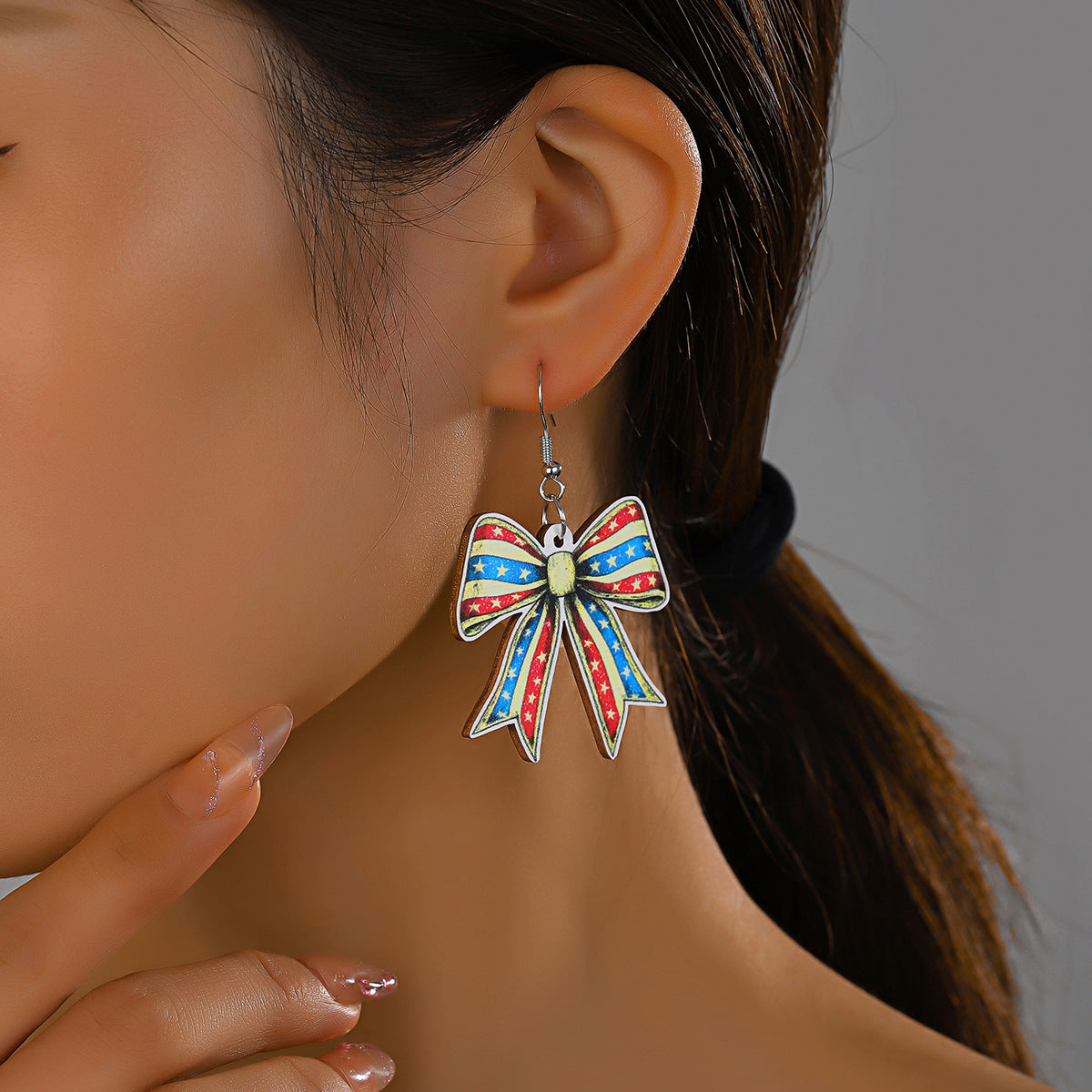 Wholesale Independence Day Element Wooden Bow Earrings